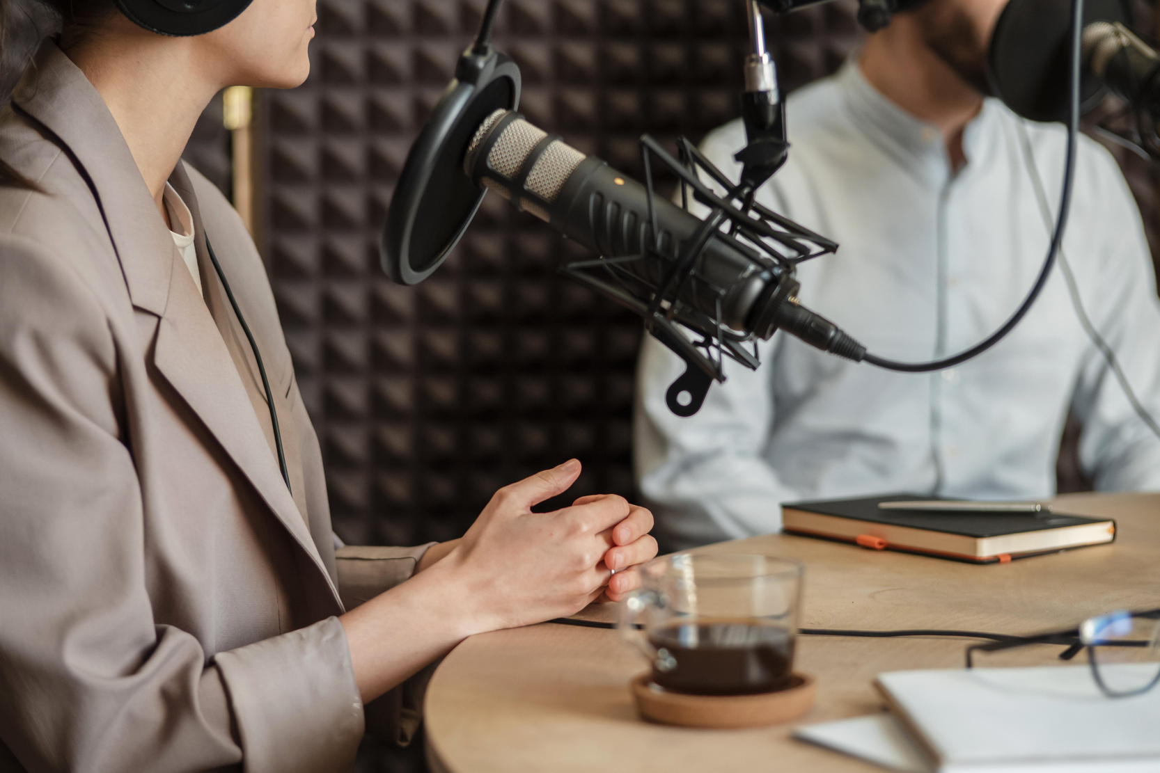 close up people speaking radio. High quality photo